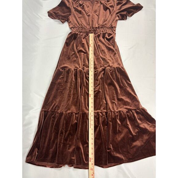 Women’s Velvet Tiered Short Sleeve Elastic Waist Maxi Dress Coffee Brown S - Picture 8 of 9